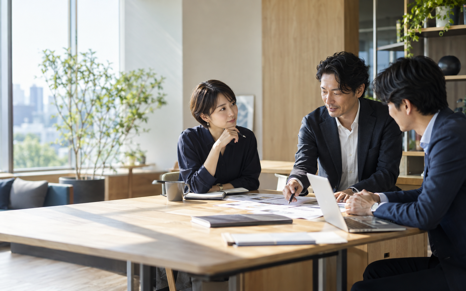 業務資料とパソコンを囲み、現場の仕組みについて対話するチーム